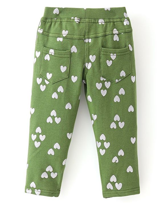 Babyhug Cotton Knit Full Length Heart Printed Jeggings - Green