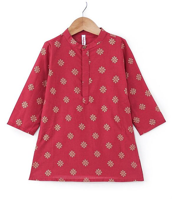 Babyhug Woven Full Sleeves Kurta & Dhoti Set Floral Gold Printed - Maroon & White