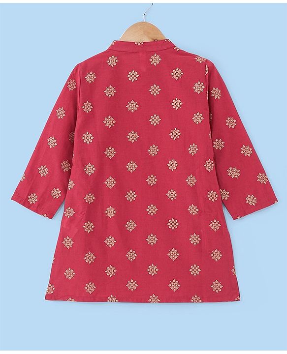 Babyhug Woven Full Sleeves Kurta & Dhoti Set Floral Gold Printed - Maroon & White