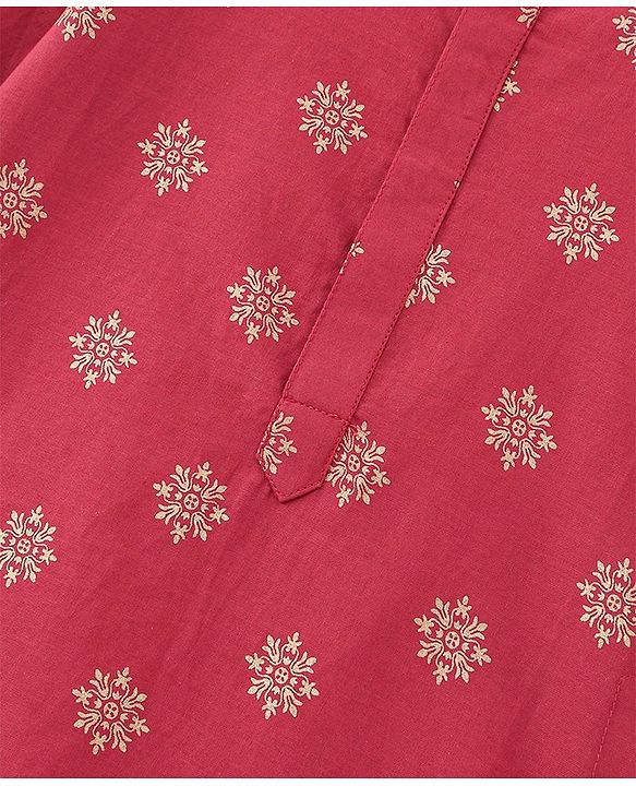 Babyhug Woven Full Sleeves Kurta & Dhoti Set Floral Gold Printed - Maroon & White