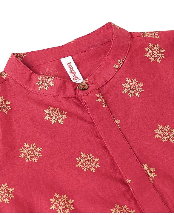 Babyhug Woven Full Sleeves Kurta & Dhoti Set Floral Gold Printed - Maroon & White