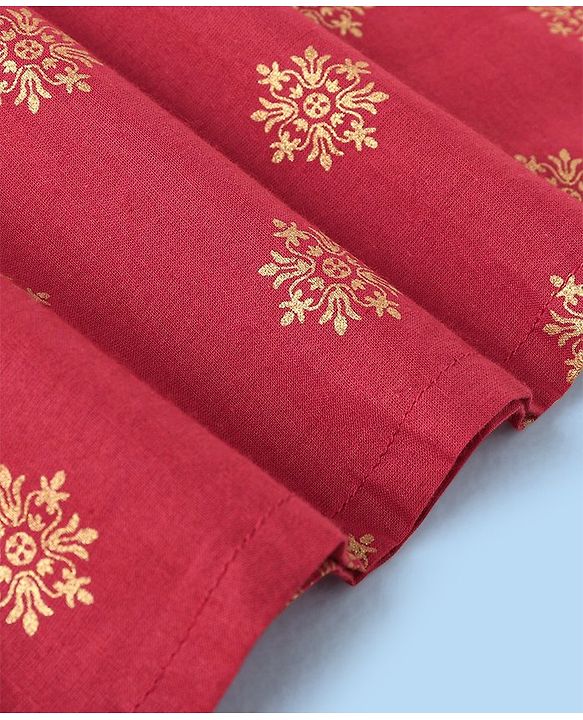 Babyhug Woven Full Sleeves Kurta & Dhoti Set Floral Gold Printed - Maroon & White