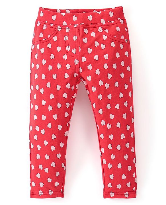 Babyhug Cotton Knit Full Length Jeggings Heart Print - Pink