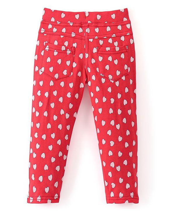 Babyhug Cotton Knit Full Length Jeggings Heart Print - Pink