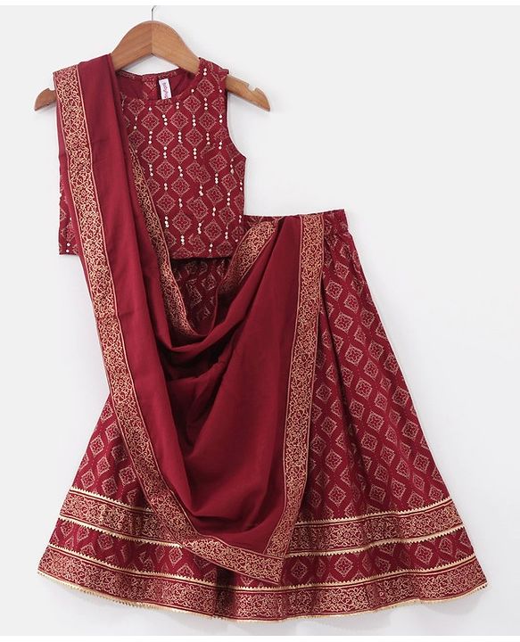 Babyhug  Sleeveless Foil Printed Lehenga Choli and Dupatta Set - Maroon