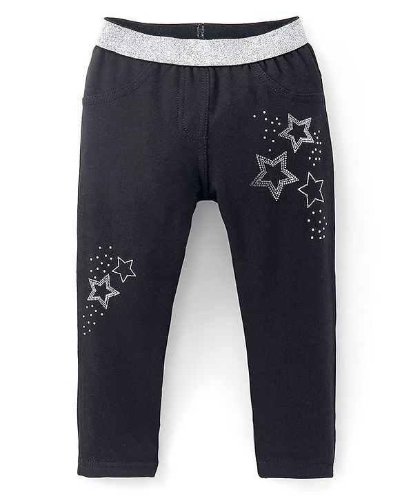 Babyhug Cotton Full Length Jeggings with Star Foil Print - Black