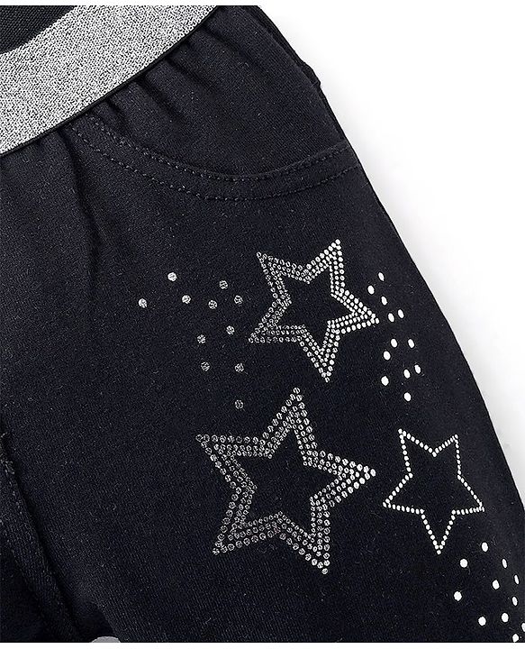 Babyhug Cotton Full Length Jeggings with Star Foil Print - Black