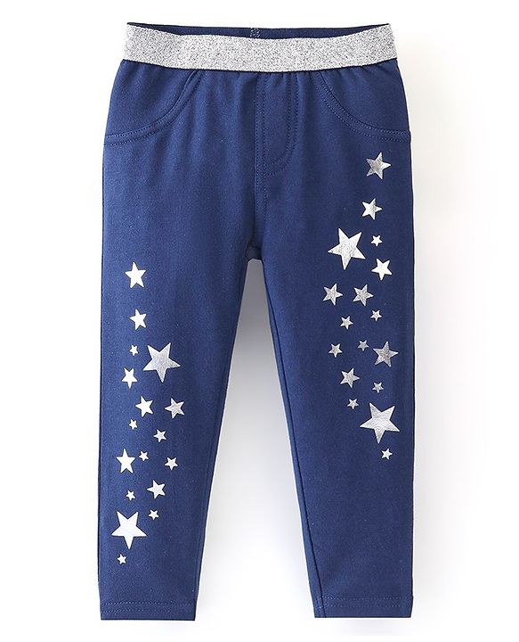 Babyhug Cotton Full Length Jegging With Star Print - Blue