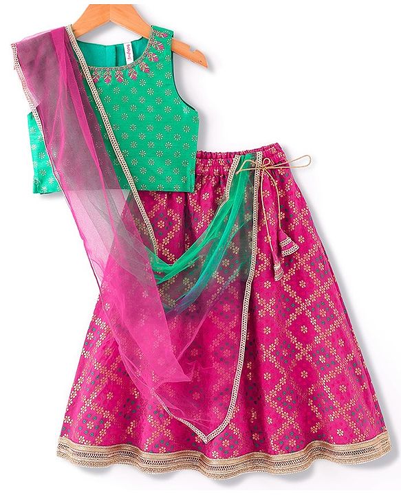 Babyhug Sleeveless Floral Embroidered Lehenga Choli and Dupatta - Fuschia & Green