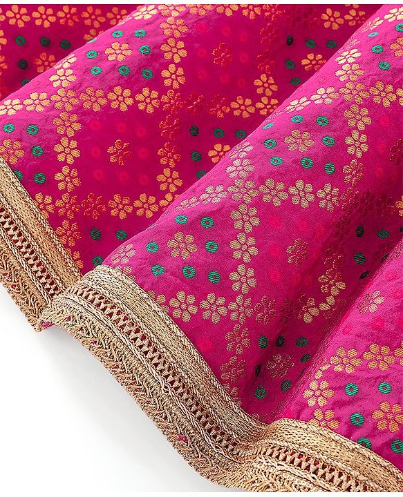 Babyhug Sleeveless Floral Embroidered Lehenga Choli and Dupatta - Fuschia & Green