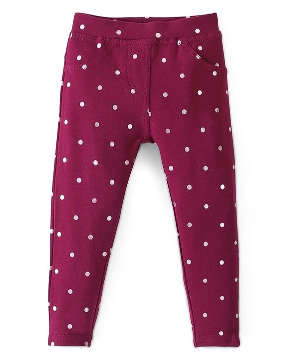 Babyhug Cotton Knit Full Length Polka Dots Print Jeggings - Red