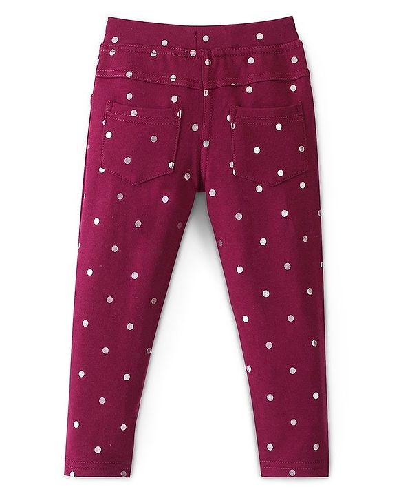 Babyhug Cotton Knit Full Length Polka Dots Print Jeggings - Red