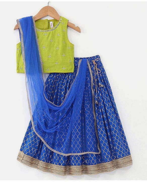 Babyhug Sleeveless Embroidered Choli With Foil Printed Lehenga and Dupatta Set -Blue