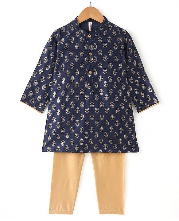 Babyhug Full Sleeves Foil Printed Kurta Pajama Set - Blue