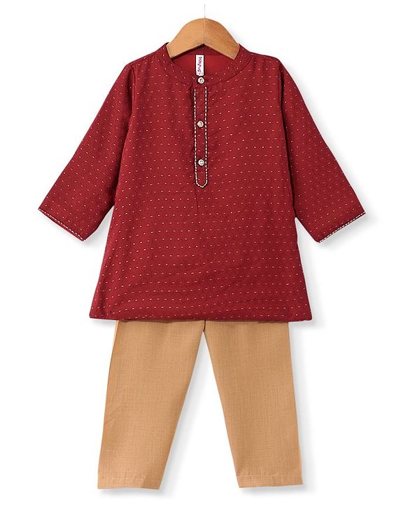 Babyhug Three Fourth Sleeve Swiss Dot Dobby Kurta With Pyjama Set -Red