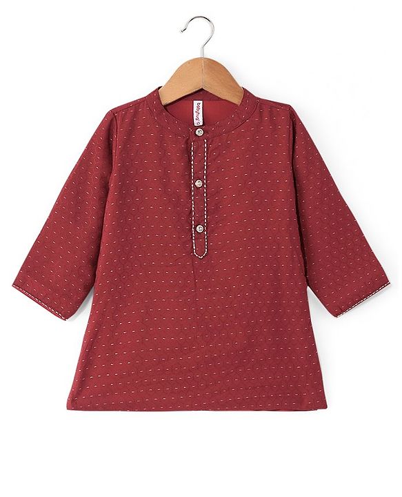 Babyhug Three Fourth Sleeve Swiss Dot Dobby Kurta With Pyjama Set -Red