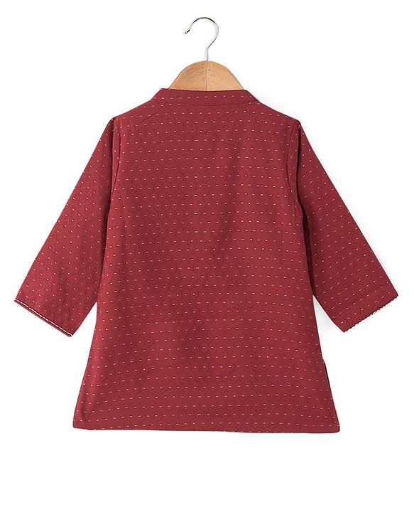 Babyhug Three Fourth Sleeve Swiss Dot Dobby Kurta With Pyjama Set -Red