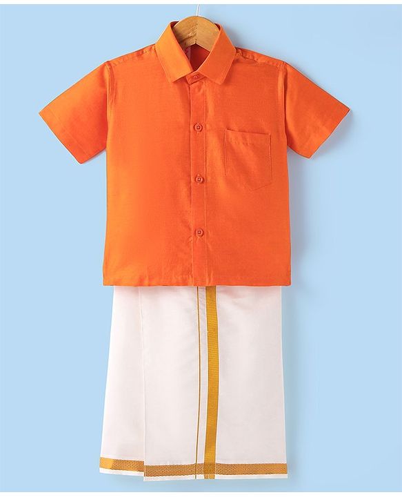 Babyhug Woven Half Sleeves Solid Color Shirt & Mundu Set - Orange