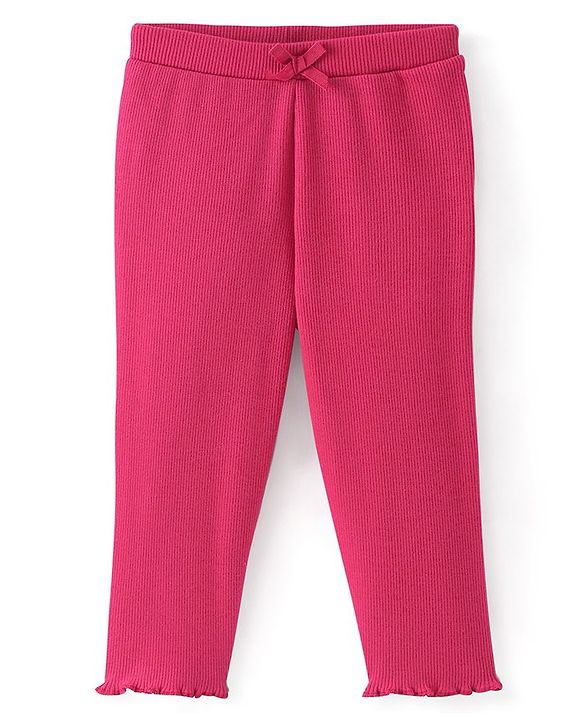 Babyhug Cotton Lycra Full Length Solid Leggings with Bow Applique - Red