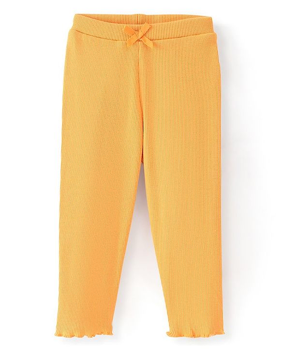 Babyhug Cotton Lycra Full Length Solid Rib Legging with Bow-Yellow