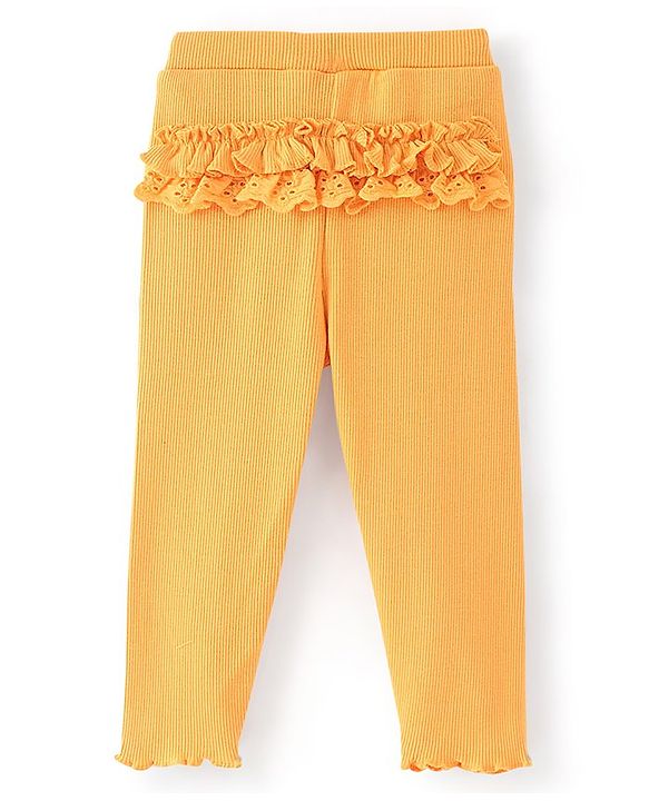 Babyhug Cotton Lycra Full Length Solid Rib Legging with Bow-Yellow