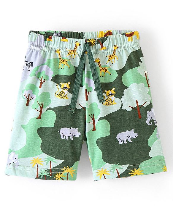 Babyhug Cotton Knit Elasticated Shorts with Draw Cord Animal Print - Green