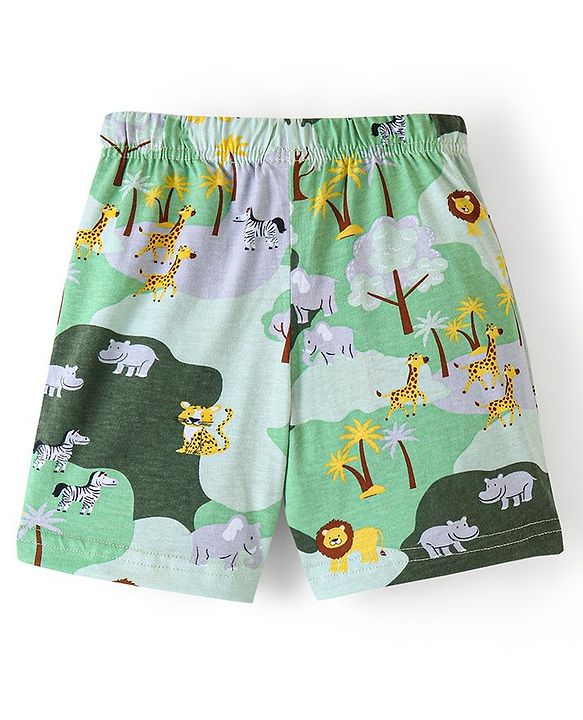 Babyhug Cotton Knit Elasticated Shorts with Draw Cord Animal Print - Green