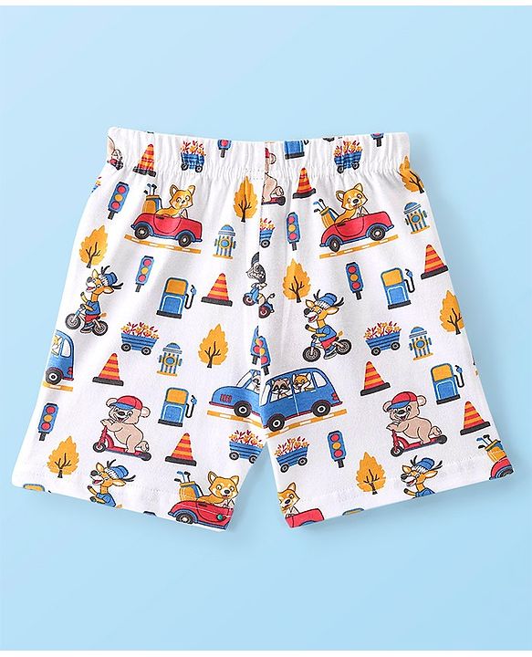 Babyhug Cotton Knit Shorts With Teddy Print - White