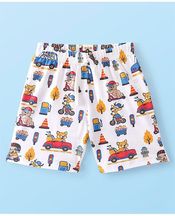 Babyhug Cotton Knit Shorts With Teddy Print - White