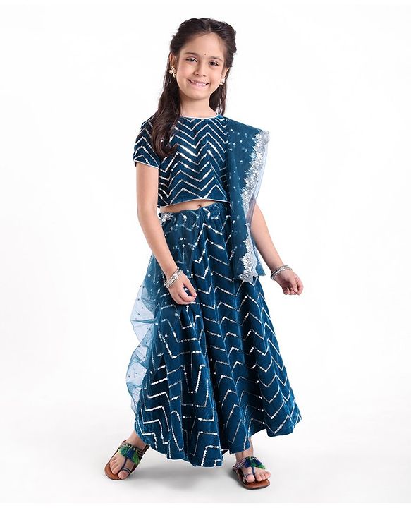 Babyhug Half Sleeves Velvet Sequenced Choli with Embroidered Lehenga  and Dupatta Set - Navy Blue