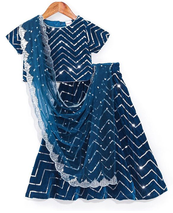 Babyhug Half Sleeves Velvet Sequenced Choli with Embroidered Lehenga  and Dupatta Set - Navy Blue