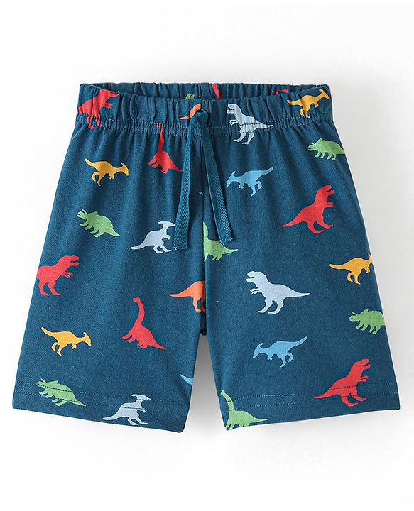 Babyhug Cotton Knit  Elasticated Shorts with Draw Cord Dino Print - Navy