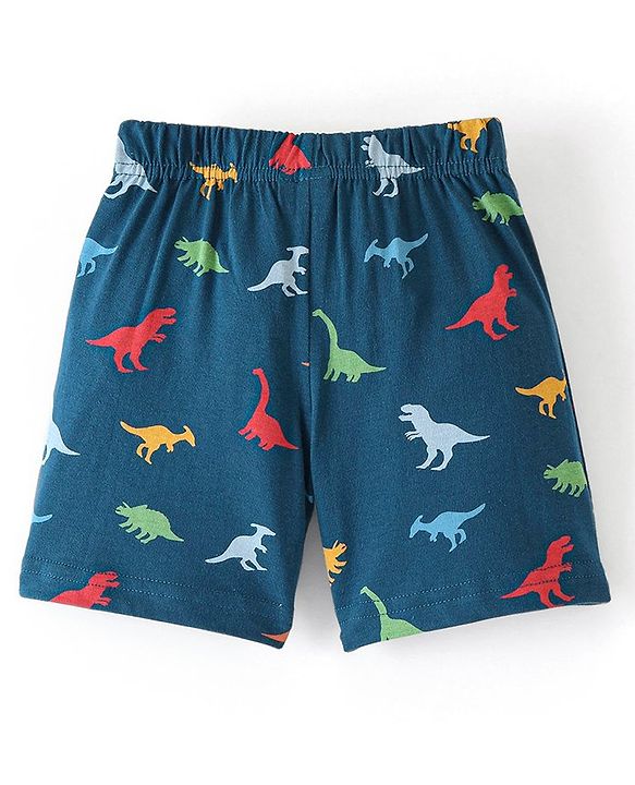 Babyhug Cotton Knit  Elasticated Shorts with Draw Cord Dino Print - Navy
