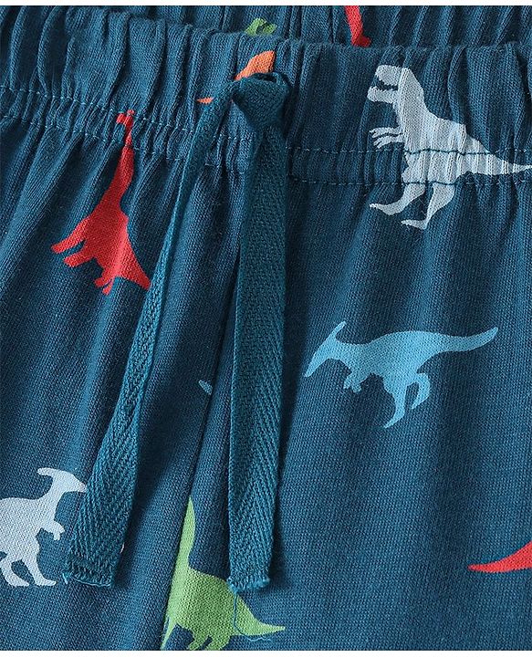 Babyhug Cotton Knit  Elasticated Shorts with Draw Cord Dino Print - Navy