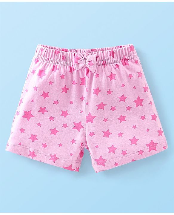 Babyhug Cotton Knit Shorts With Star & Clouds Print Pack Of 3 - Pink & White