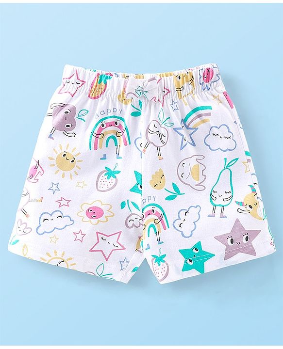 Babyhug Cotton Knit Shorts With Star & Clouds Print Pack Of 3 - Pink & White