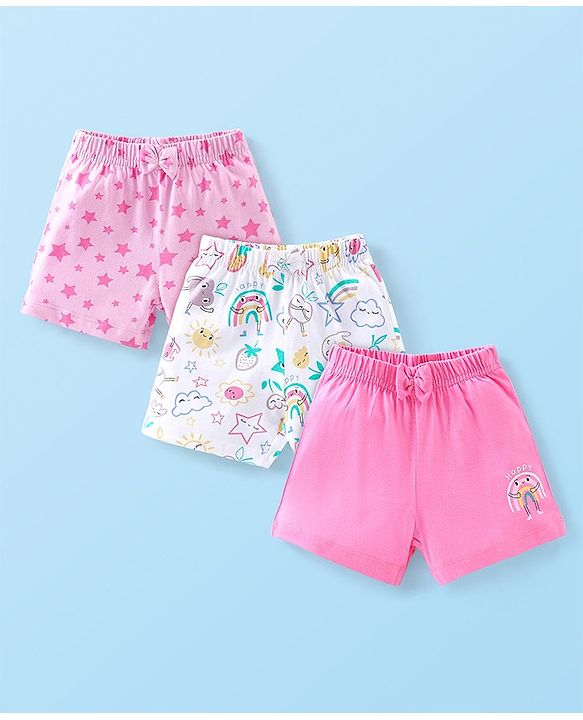 Babyhug Cotton Knit Shorts With Star & Clouds Print Pack Of 3 - Pink & White