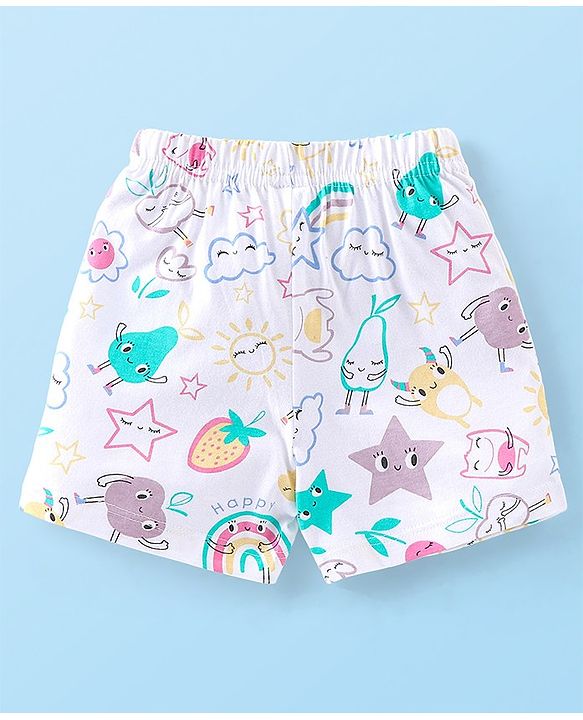 Babyhug Cotton Knit Shorts With Star & Clouds Print Pack Of 3 - Pink & White