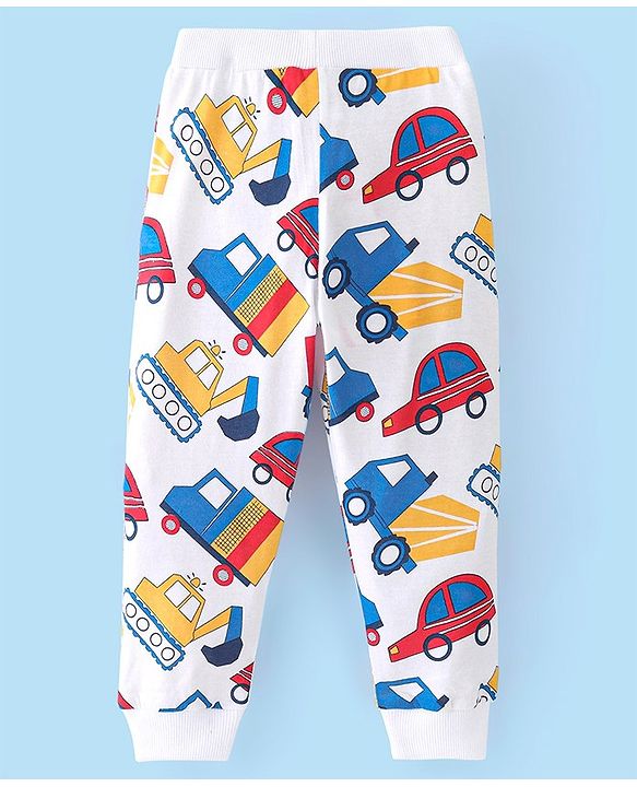 Babyhug Cotton Looper Knit Full Length Lounge Pant Construction Vehicles Printed - White