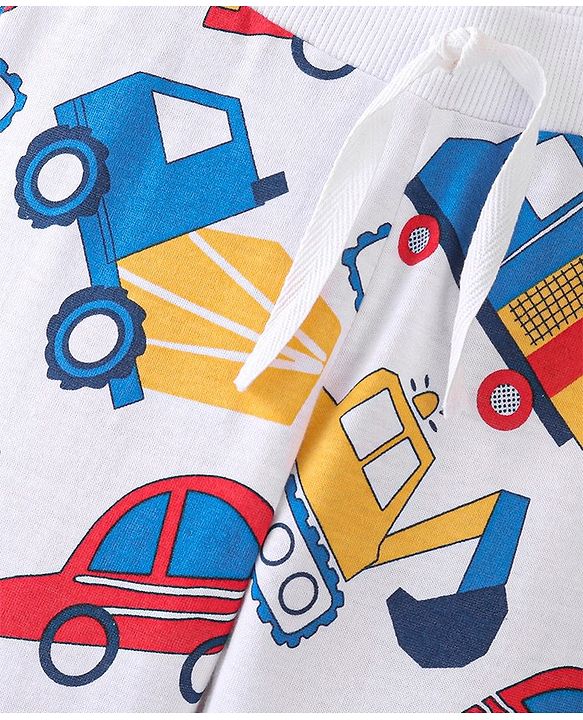 Babyhug Cotton Looper Knit Full Length Lounge Pant Construction Vehicles Printed - White