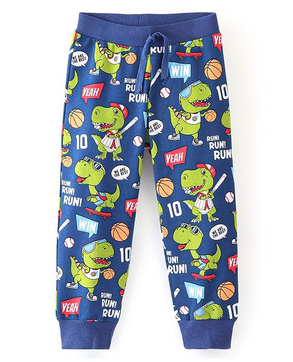 Babyhug Cotton Knit Full Length Lounge Pant Dino Printed - Navy Blue