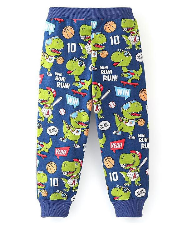 Babyhug Cotton Knit Full Length Lounge Pant Dino Printed - Navy Blue