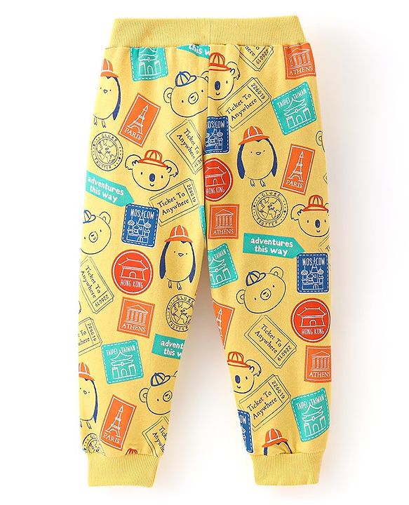 Babyhug Cotton Knit Full Length Lounge Pant Bear Printed - Yellow