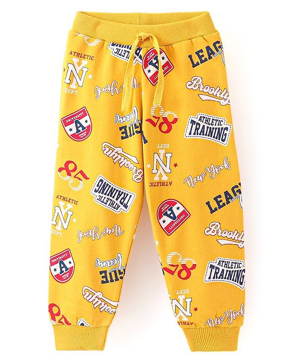 Babyhug Cotton Knit Full Length Lounge Pant Text Printed - Yellow