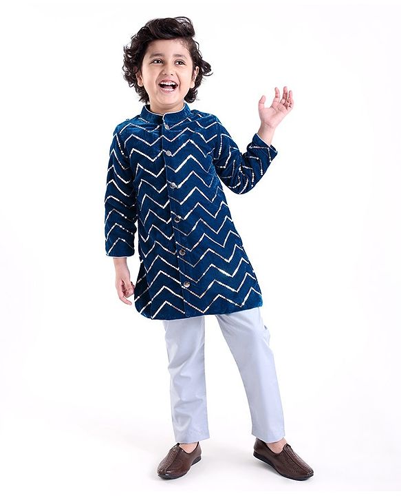 Babyhug Velvet Sequenced Embroidered Full Sleeves Sherwani Kurta Pyjama Set - Navy Blue
