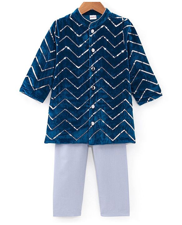 Babyhug Velvet Sequenced Embroidered Full Sleeves Sherwani Kurta Pyjama Set - Navy Blue