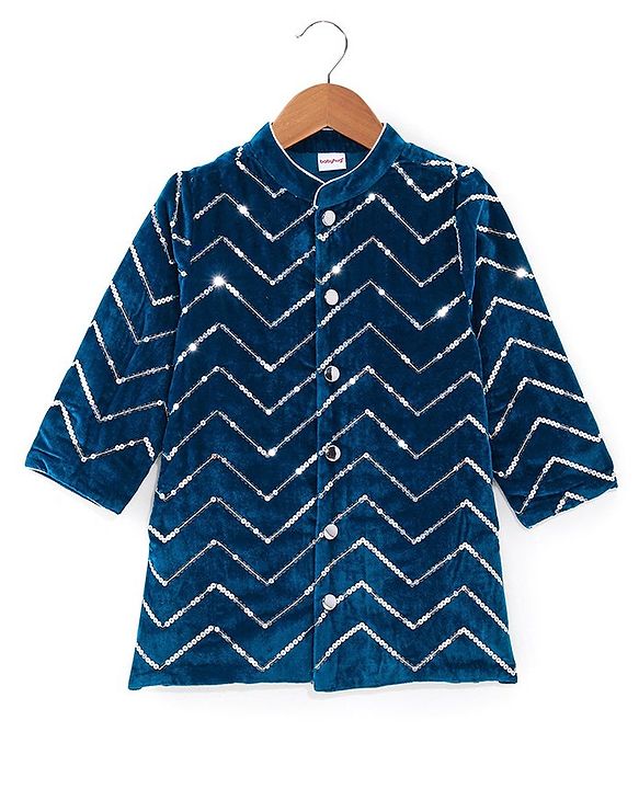 Babyhug Velvet Sequenced Embroidered Full Sleeves Sherwani Kurta Pyjama Set - Navy Blue