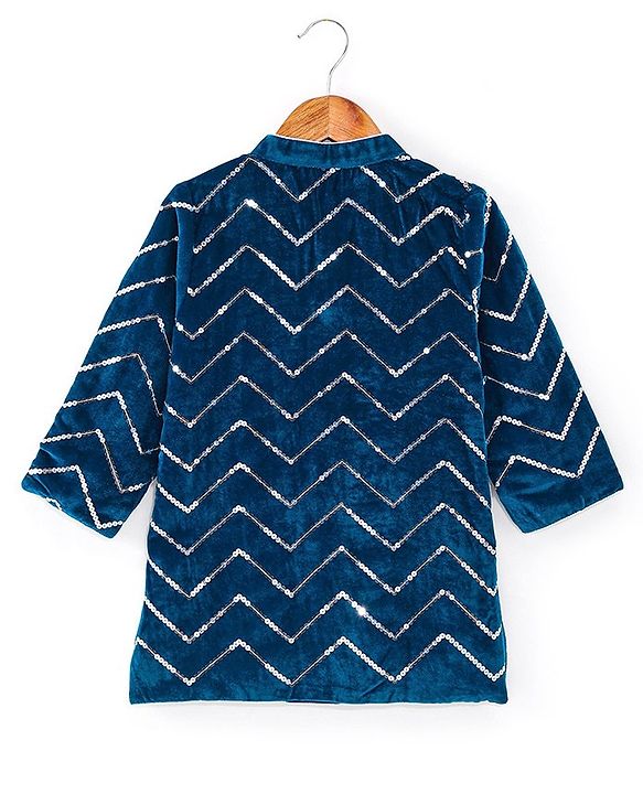 Babyhug Velvet Sequenced Embroidered Full Sleeves Sherwani Kurta Pyjama Set - Navy Blue