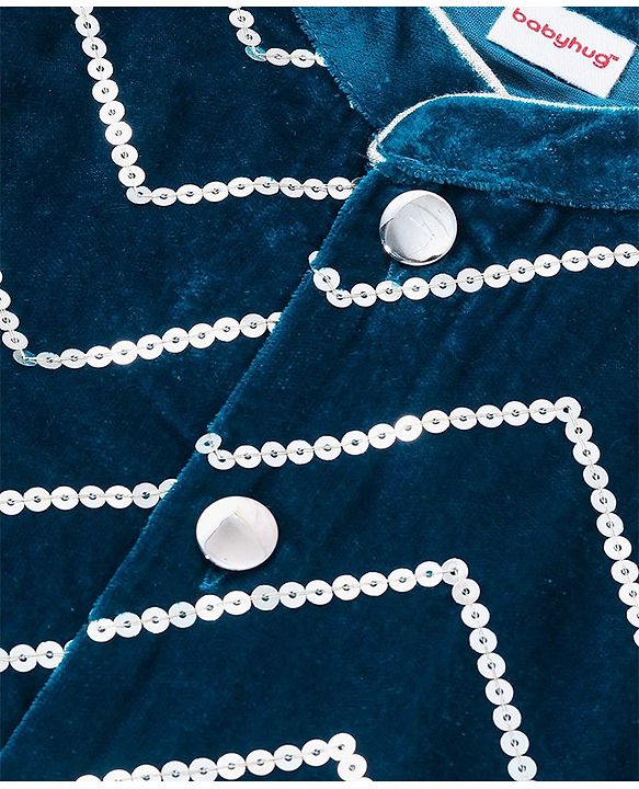 Babyhug Velvet Sequenced Embroidered Full Sleeves Sherwani Kurta Pyjama Set - Navy Blue