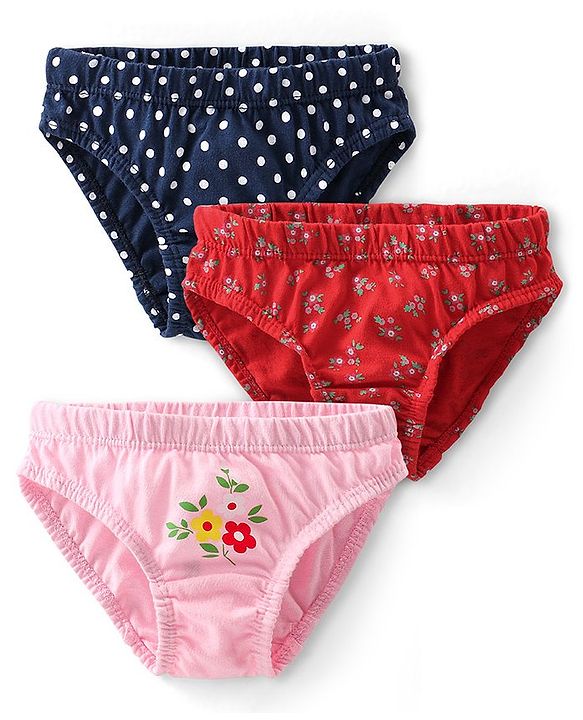 Babyhug 100% Cotton Panties With Polka Dots & Floral Print Pack Of 3 - Navy Blue Red & Pink
